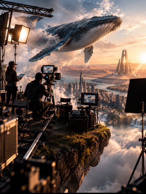 KI-generiertes Bild: Filmteam vor einem Wal über einer Stadt