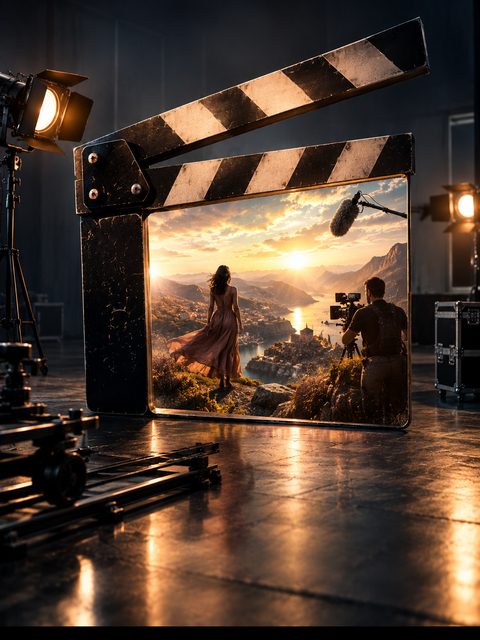KI-generiertes Bild: Filmklappe mit Szene im Sonnenuntergang