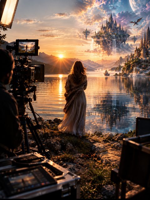 KI-generiertes Bild: Dreh am See vor einem Fantasyschloss