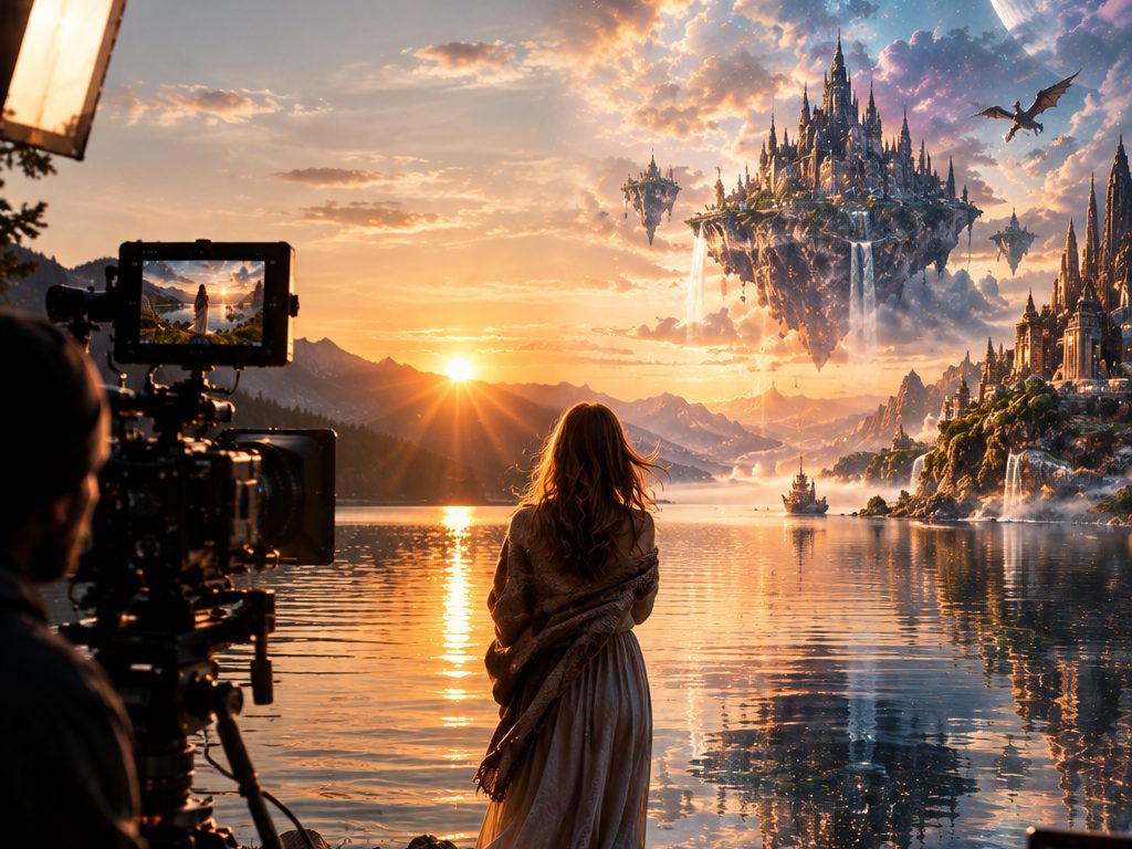 KI-generiertes Bild: echtes Filmteam dreht vor einer KI-Fantasywelt