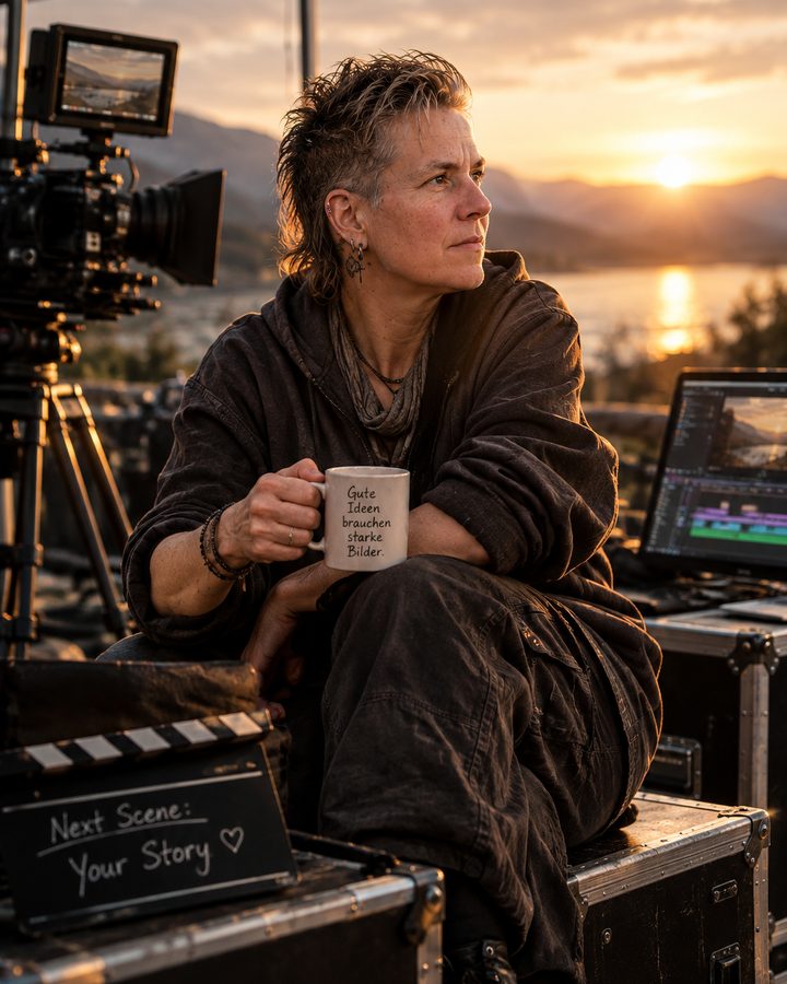 KI-generiertes Bild: Julia Curk mit Kaffeetasse am Set im Sonnenuntergang