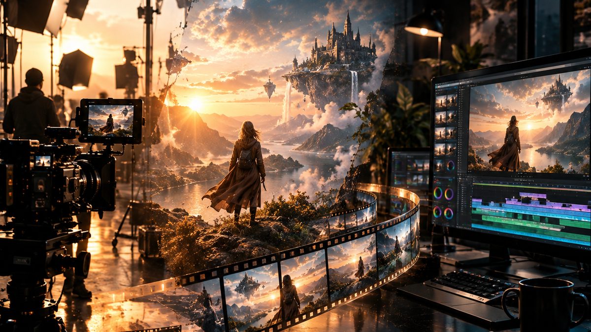 KI-generiertes Bild: Filmset, Filmstreifen und Schnittplatz gehen ineinander über